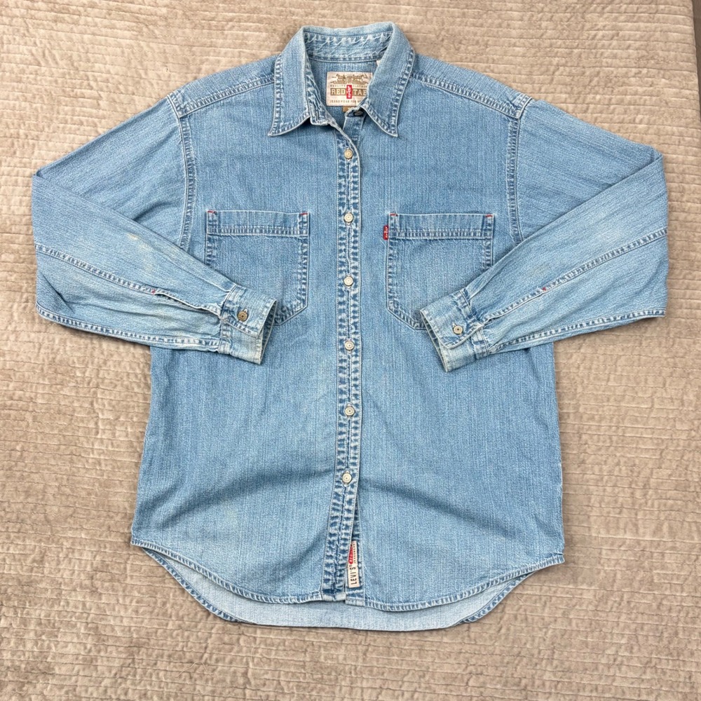 Levis Red Tab Denim Shirt Womens Medium Light Wash Cotton Long Sleeve Vintage